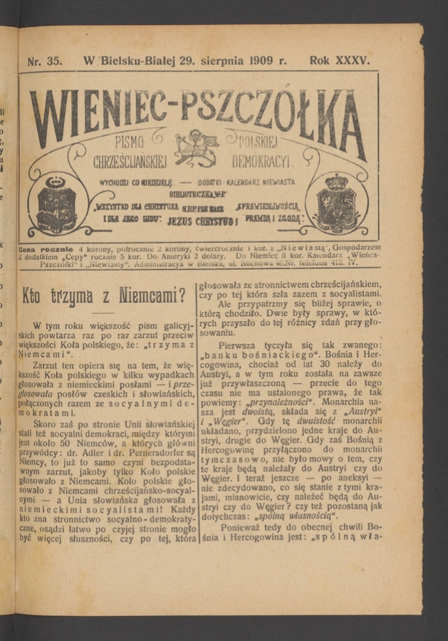 Wieniec-Pszczółka : pismo polskiej chrześcijańskiej demokracyi. Rok 35, 1909, numer 35