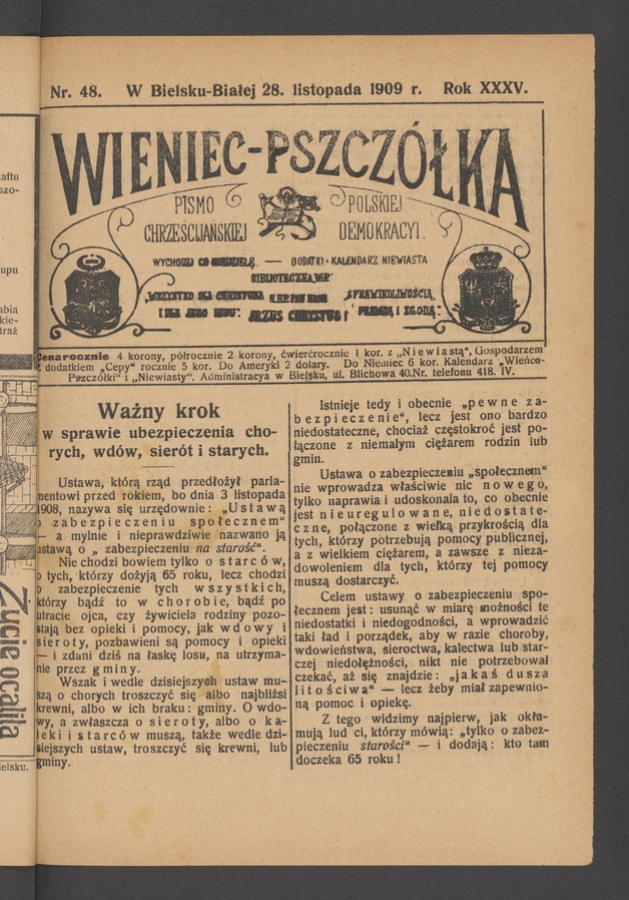 Wieniec-Pszczółka : pismo polskiej chrześcijańskiej demokracyi. Rok 35, 1909, numer 48