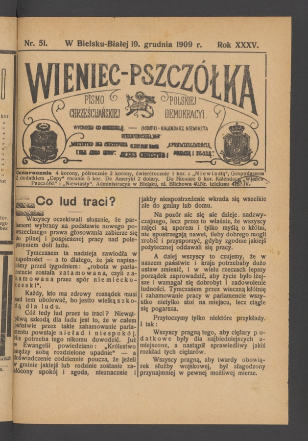 Wieniec-Pszczółka : pismo polskiej chrześcijańskiej demokracyi. Rok 35, 1909, numer 51