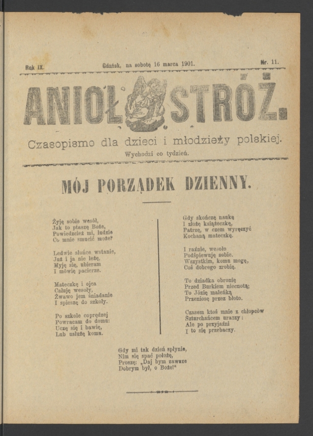 Anioł Str&oacute;ż&nbsp;: czasopismo dla&nbsp;dzieci i&nbsp;młodzieży polskiej. Rok 9, 1901, numer&nbsp;11
