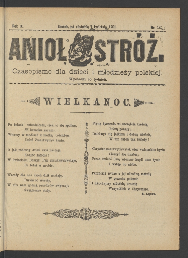 Anioł Str&oacute;ż&nbsp;: czasopismo dla&nbsp;dzieci i&nbsp;młodzieży polskiej. Rok 9, 1901, numer&nbsp;14