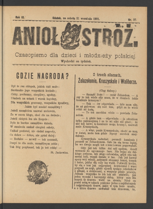 Anioł Str&oacute;ż&nbsp;: czasopismo dla&nbsp;dzieci i&nbsp;młodzieży polskiej. Rok 9, 1901, numer&nbsp;38