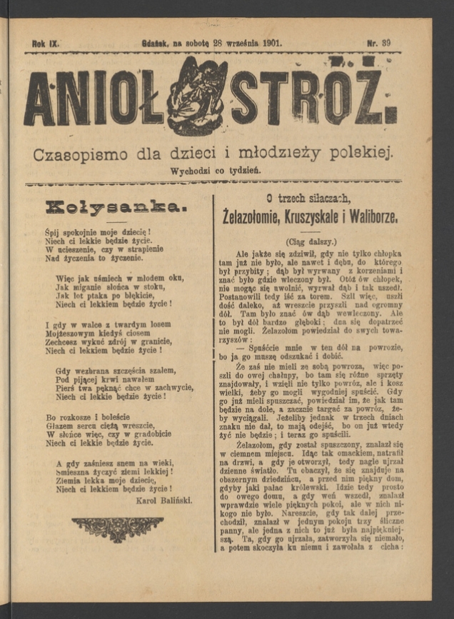 Anioł Str&oacute;ż&nbsp;: czasopismo dla&nbsp;dzieci i&nbsp;młodzieży polskiej. Rok 9, 1901, numer&nbsp;39