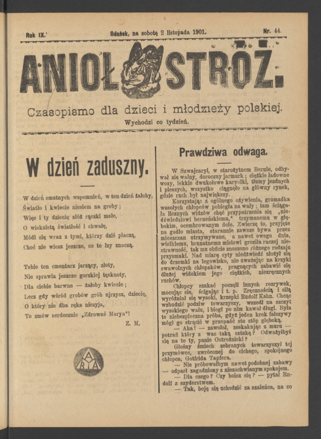 Anioł Str&oacute;ż&nbsp;: czasopismo dla&nbsp;dzieci i&nbsp;młodzieży polskiej. Rok 9, 1901, numer&nbsp;44