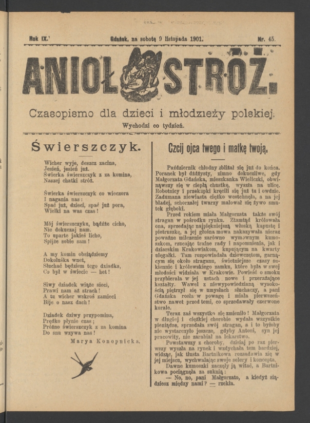 Anioł Str&oacute;ż&nbsp;: czasopismo dla&nbsp;dzieci i&nbsp;młodzieży polskiej. Rok 9, 1901, numer&nbsp;45
