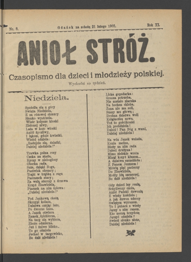 Anioł Str&oacute;ż&nbsp;: czasopismo dla&nbsp;dzieci i&nbsp;młodzieży polskiej. Rok 11, 1903, numer&nbsp;8