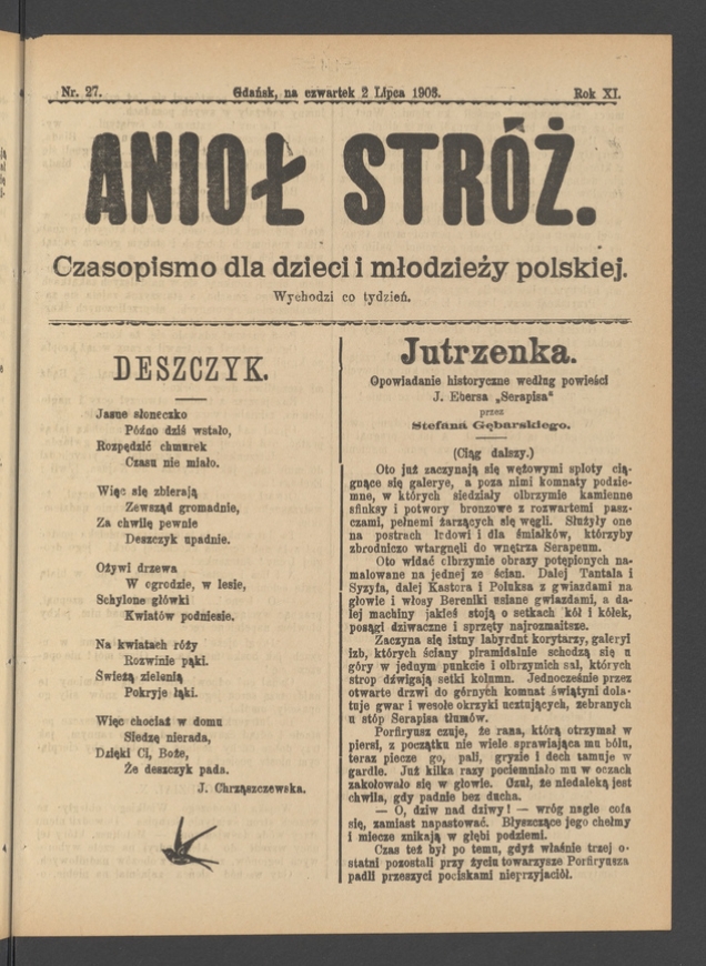 Anioł Str&oacute;ż&nbsp;: czasopismo dla&nbsp;dzieci i&nbsp;młodzieży polskiej. Rok 11, 1903, numer&nbsp;27