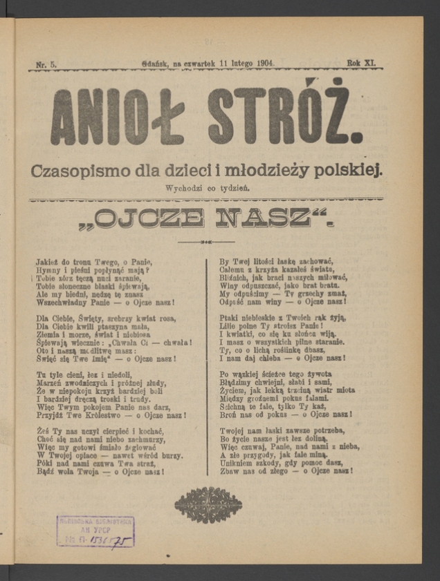 Anioł Str&oacute;ż&nbsp;: czasopismo dla&nbsp;dzieci i&nbsp;młodzieży polskiej. Rok 12, 1904, numer&nbsp;5