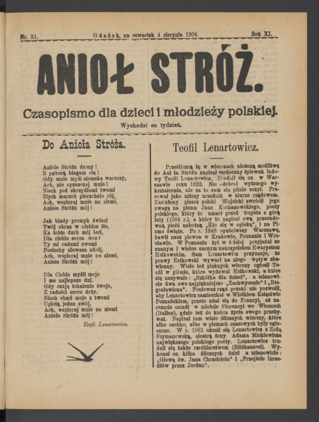 Anioł Str&oacute;ż&nbsp;: czasopismo dla&nbsp;dzieci i&nbsp;młodzieży polskiej. Rok 12, 1904, numer&nbsp;31