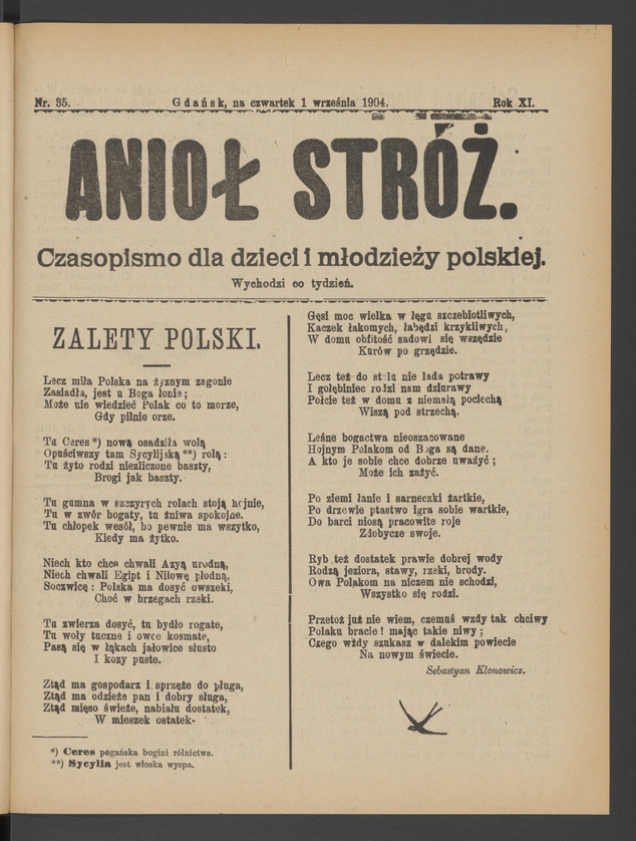 Anioł Str&oacute;ż&nbsp;: czasopismo dla&nbsp;dzieci i&nbsp;młodzieży polskiej. Rok 12, 1904, numer&nbsp;35