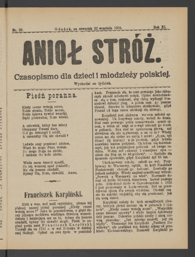 Anioł Str&oacute;ż&nbsp;: czasopismo dla&nbsp;dzieci i&nbsp;młodzieży polskiej. Rok 12, 1904, numer&nbsp;38