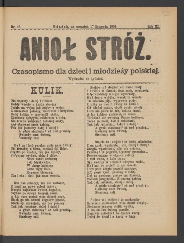Anioł Str&oacute;ż&nbsp;: czasopismo dla&nbsp;dzieci i&nbsp;młodzieży polskiej. Rok 12, 1904, numer&nbsp;46