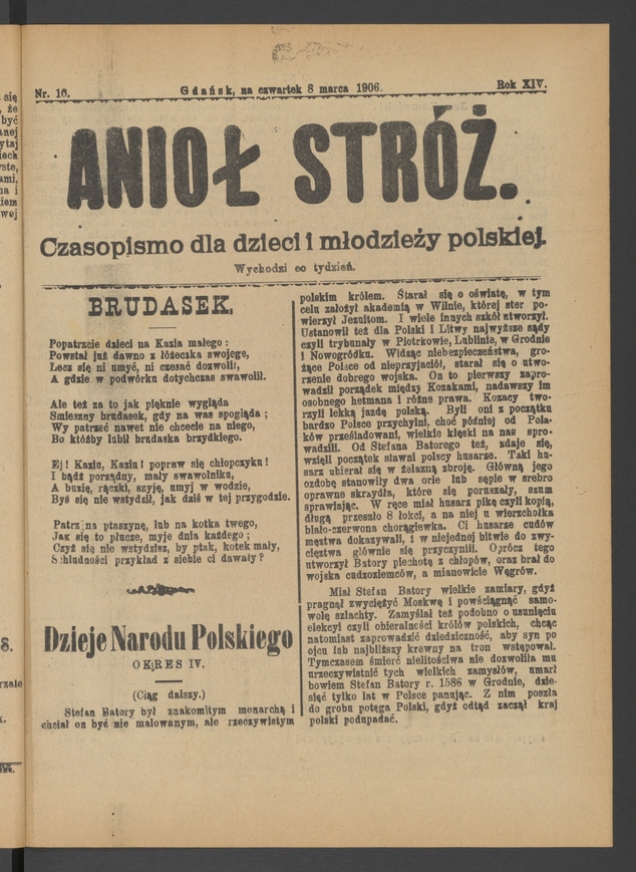 Anioł Str&oacute;ż&nbsp;: czasopismo dla&nbsp;dzieci i&nbsp;młodzieży polskiej. Rok 14, 1906, numer&nbsp;10