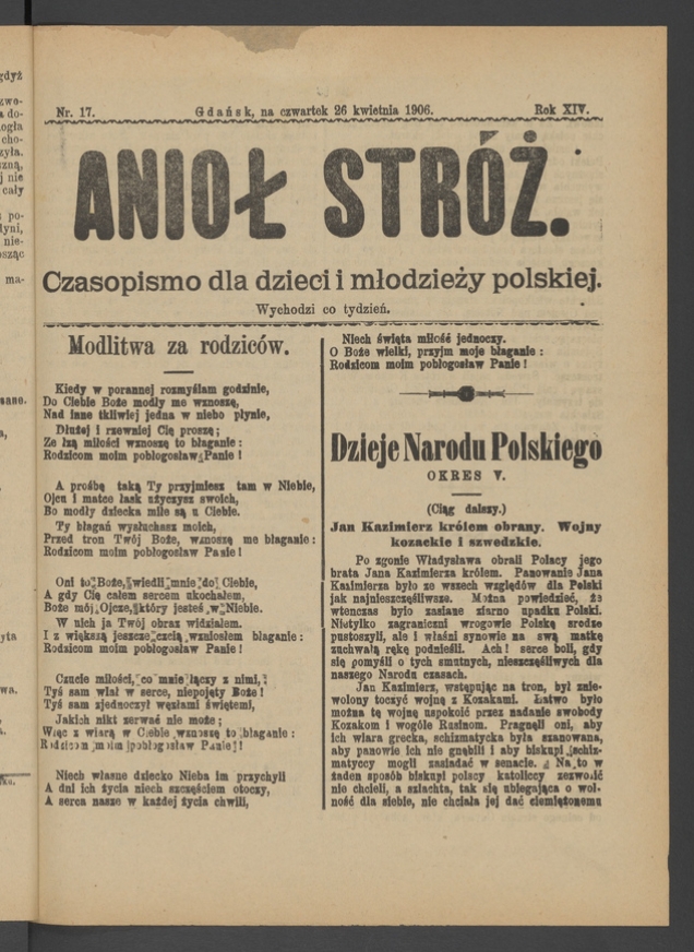 Anioł Str&oacute;ż&nbsp;: czasopismo dla&nbsp;dzieci i&nbsp;młodzieży polskiej. Rok 14, 1906, numer&nbsp;17