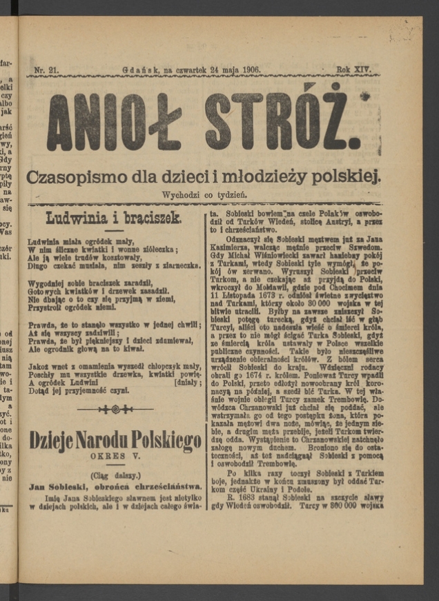 Anioł Str&oacute;ż&nbsp;: czasopismo dla&nbsp;dzieci i&nbsp;młodzieży polskiej. Rok 14, 1906, numer&nbsp;21