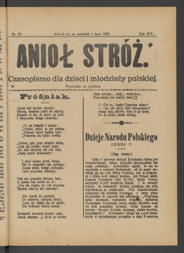 Anioł Str&oacute;ż&nbsp;: czasopismo dla&nbsp;dzieci i&nbsp;młodzieży polskiej. Rok 14, 1906, numer&nbsp;27