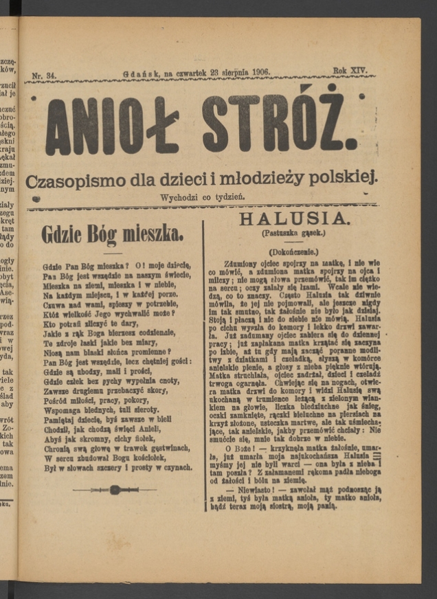 Anioł Str&oacute;ż&nbsp;: czasopismo dla&nbsp;dzieci i&nbsp;młodzieży polskiej. Rok 14, 1906, numer&nbsp;34