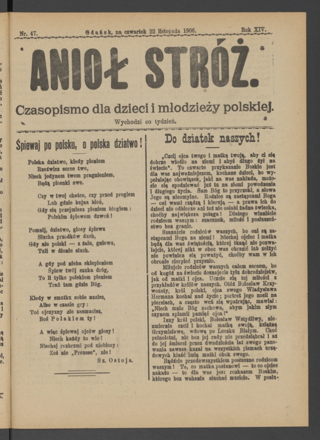 Anioł Str&oacute;ż&nbsp;: czasopismo dla&nbsp;dzieci i&nbsp;młodzieży polskiej. Rok 14, 1906, numer&nbsp;47
