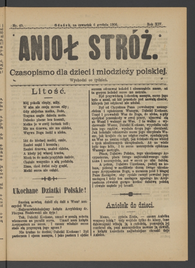 Anioł Str&oacute;ż&nbsp;: czasopismo dla&nbsp;dzieci i&nbsp;młodzieży polskiej. Rok 14, 1906, numer&nbsp;49