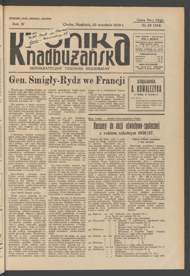 Kronika Nadbużańska&nbsp;: demokratyczny tygodnik regjonalny. Rok&nbsp;4, 1936, numer&nbsp;38