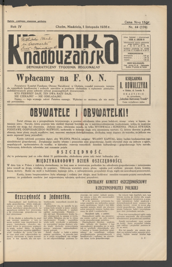 Kronika Nadbużańska&nbsp;: demokratyczny tygodnik regjonalny. Rok&nbsp;4, 1936, numer&nbsp;44