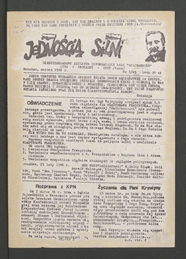 Jednością Silni&nbsp;: międzyzakładowy biuletyn informacyjny NSZZ &bdquo;Solidarność&rdquo; PTHW-Wrozamet-ZPUT (Inco). 1986, numer&nbsp;3&nbsp;(49)