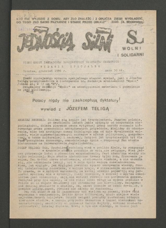 Jednością Silni&nbsp;: międzyzakładowy biuletyn informacyjny NSZZ &bdquo;Solidarność&rdquo; PTHW-Wrozamet-ZPUT (Inco). 1986, wydanie specjalne