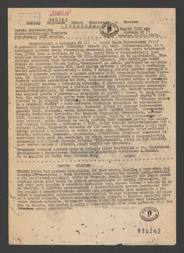 Iskierka&nbsp;: serwis informacyjny Międzyzakładowego Komitetu Strajkowego ZNTK Wrocław. 1982, numer&nbsp;21