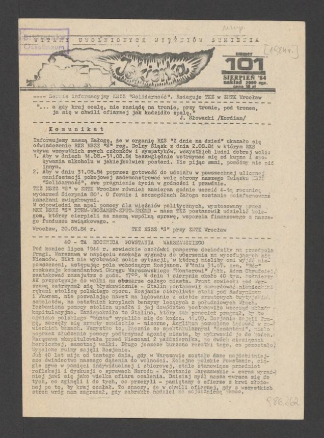Iskierka&nbsp;: serwis informacyjny NSZZ &bdquo;Solidarność&rdquo;. 1984, numer&nbsp;101