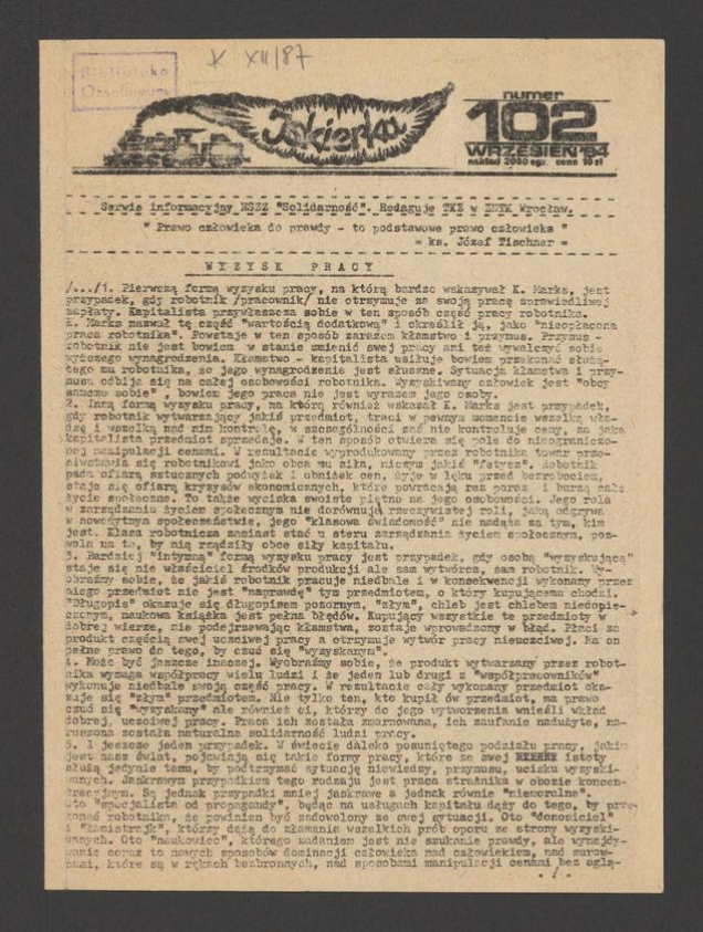 Iskierka&nbsp;: serwis informacyjny NSZZ &bdquo;Solidarność&rdquo;. 1984, numer&nbsp;102