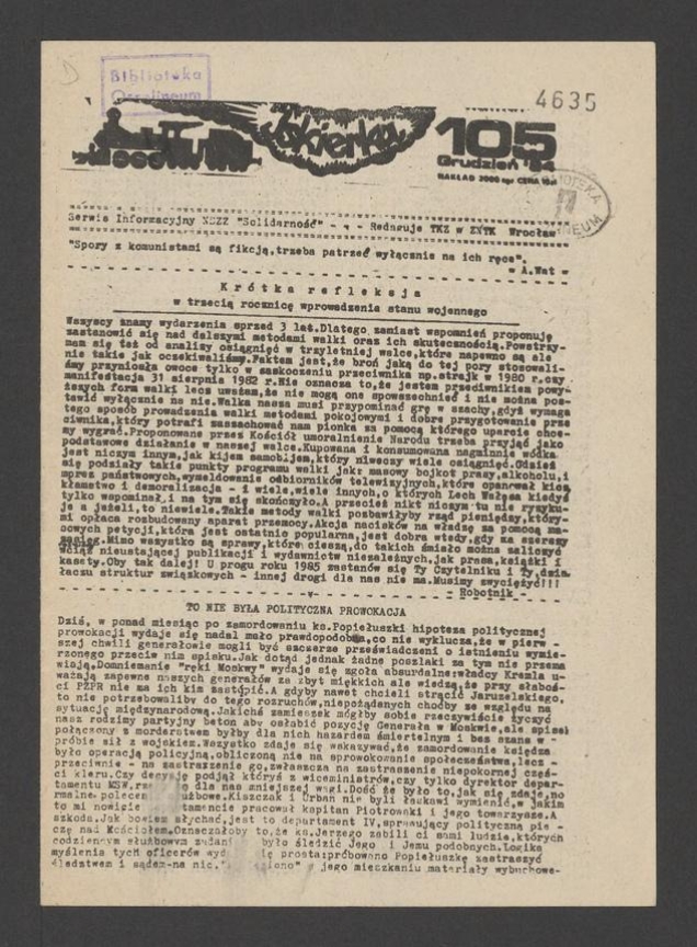 Iskierka&nbsp;: serwis informacyjny NSZZ &bdquo;Solidarność&rdquo;. 1984, numer&nbsp;105