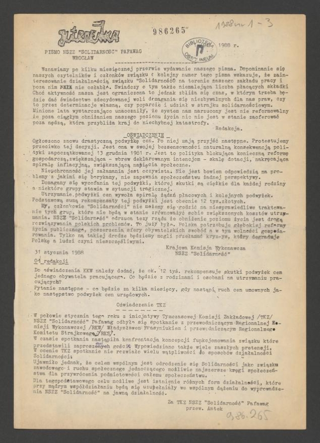Jutrzenka&nbsp;: pismo NSZZ &bdquo;Solidarność&rdquo; Pafawag Wrocław. 1988, numer&nbsp;1&nbsp;(94)