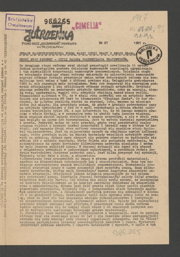 Jutrzenka&nbsp;: pismo NSZZ &bdquo;Solidarność&rdquo; Pafawag Wrocław. 1987, numer&nbsp;87