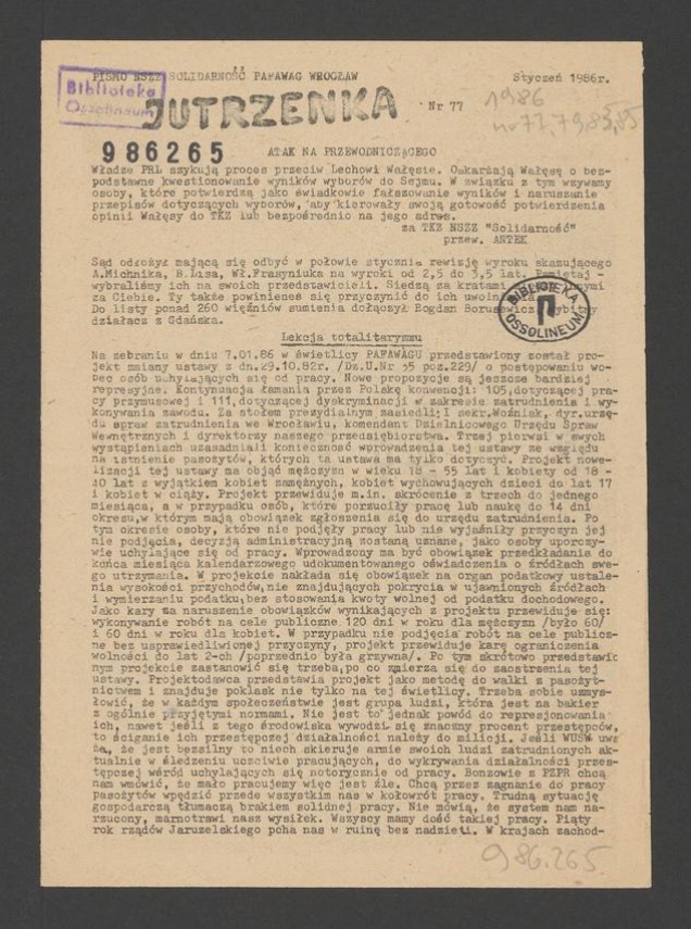 Jutrzenka&nbsp;: pismo NSZZ &bdquo;Solidarność&rdquo; Pafawag Wrocław. 1986, numer&nbsp;77