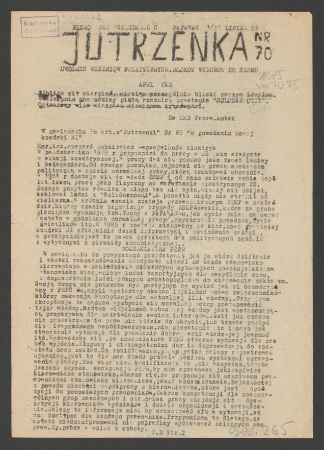 Jutrzenka&nbsp;: pismo TKZ &bdquo;Solidarność&rdquo; Pafawag 1985, numer&nbsp;70