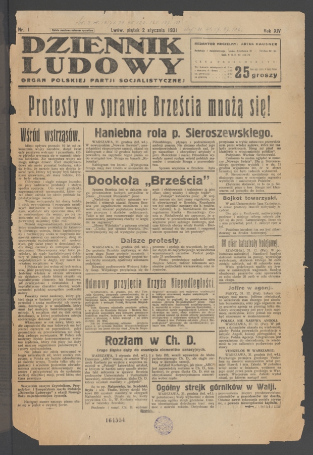 Dziennik Ludowy&nbsp;: organ Polskiej Partji Socjalistycznej. Rok&nbsp;14, 1931, numer&nbsp;1