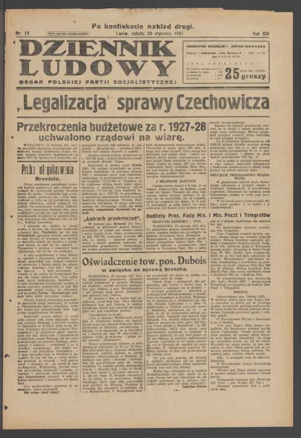 Dziennik Ludowy&nbsp;: organ Polskiej Partji Socjalistycznej. Rok&nbsp;14, 1931, numer&nbsp;18 (po&nbsp;konfiskacie nakład drugi)