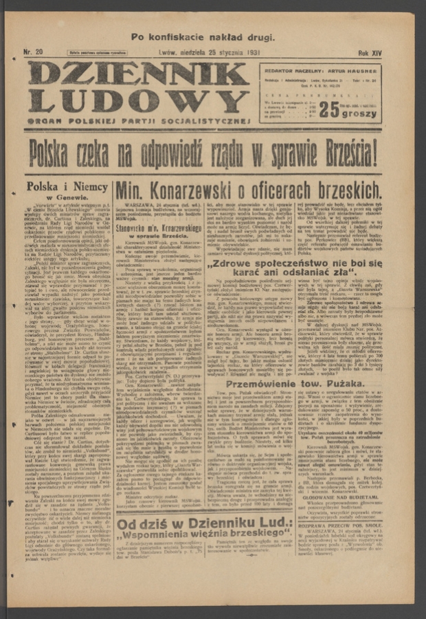Dziennik Ludowy&nbsp;: organ Polskiej Partji Socjalistycznej. Rok&nbsp;14, 1931, numer&nbsp;20 (po&nbsp;konfiskacie nakład drugi)