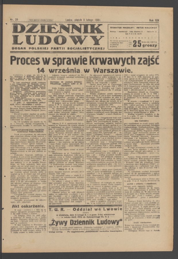 Dziennik Ludowy&nbsp;: organ Polskiej Partji Socjalistycznej. Rok&nbsp;14, 1931, numer&nbsp;29