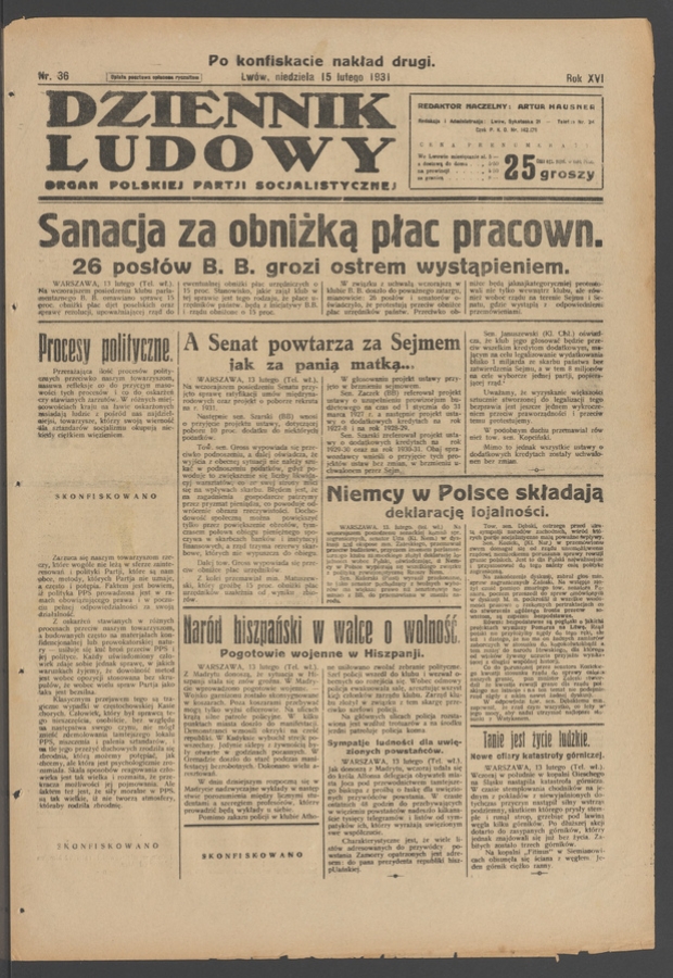 Dziennik Ludowy&nbsp;: organ Polskiej Partji Socjalistycznej. Rok&nbsp;14, 1931, numer&nbsp;36 (po&nbsp;konfiskacie nakład drugi)
