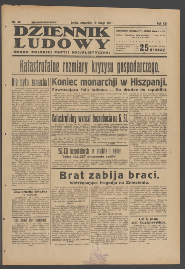 Dziennik Ludowy&nbsp;: organ Polskiej Partji Socjalistycznej. Rok&nbsp;14, 1931, numer&nbsp;40