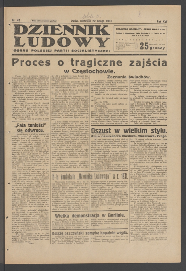 Dziennik Ludowy&nbsp;: organ Polskiej Partji Socjalistycznej. Rok&nbsp;14, 1931, numer&nbsp;42
