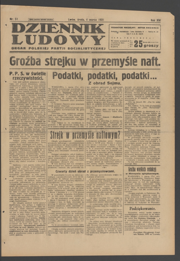 Dziennik Ludowy&nbsp;: organ Polskiej Partji Socjalistycznej. Rok&nbsp;14, 1931, numer&nbsp;51