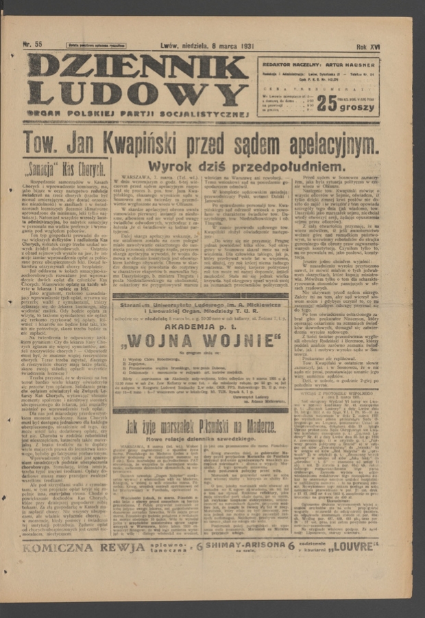 Dziennik Ludowy&nbsp;: organ Polskiej Partji Socjalistycznej. Rok&nbsp;14, 1931, numer&nbsp;55