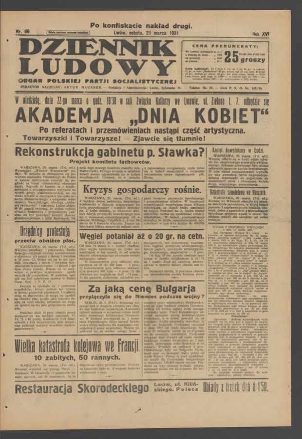 Dziennik Ludowy&nbsp;: organ Polskiej Partji Socjalistycznej. Rok&nbsp;14, 1931, numer&nbsp;66 (po&nbsp;konfiskacie nakład drugi)
