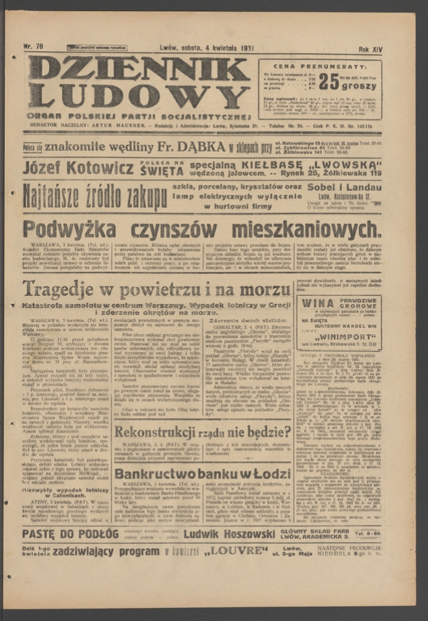 Dziennik Ludowy&nbsp;: organ Polskiej Partji Socjalistycznej. Rok&nbsp;14, 1931, numer&nbsp;78
