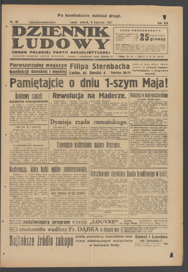 Dziennik Ludowy&nbsp;: organ Polskiej Partji Socjalistycznej. Rok&nbsp;14, 1931, numer&nbsp;80 (po&nbsp;konfiskacie nakład drugi)