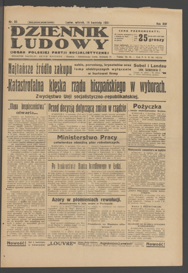 Dziennik Ludowy&nbsp;: organ Polskiej Partji Socjalistycznej. Rok&nbsp;14, 1931, numer&nbsp;85