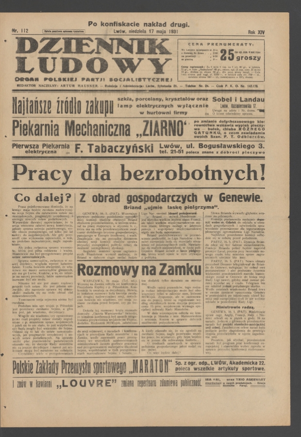 Dziennik Ludowy&nbsp;: organ Polskiej Partji Socjalistycznej. Rok&nbsp;14, 1931, numer&nbsp;112 (po&nbsp;konfiskacie nakład drugi)