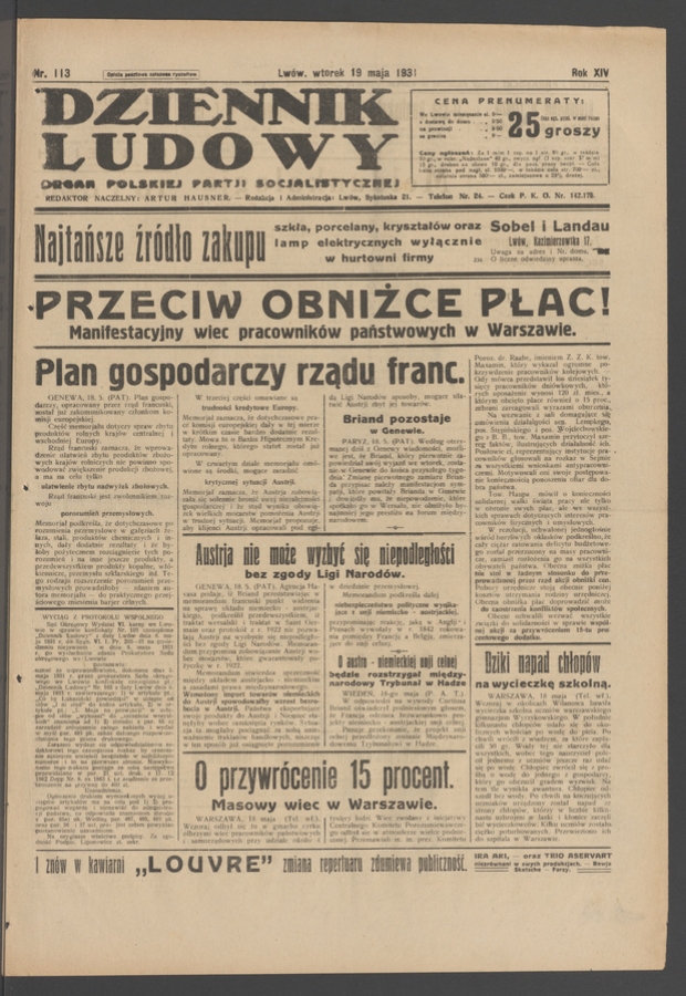 Dziennik Ludowy&nbsp;: organ Polskiej Partji Socjalistycznej. Rok&nbsp;14, 1931, numer&nbsp;113